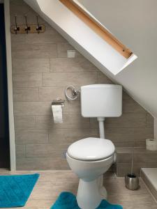 ein Badezimmer mit einem WC unter einer Treppe in der Unterkunft Belle Vue in Fürth