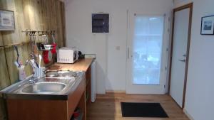 a kitchen with a sink and a counter top at La cabane sur l'eau in Cul-des-Sarts