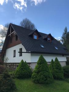 ein Haus mit schwarzem Dach und einigen Bäumen in der Unterkunft Chatavjesenikach in Vrbno pod Pradědem