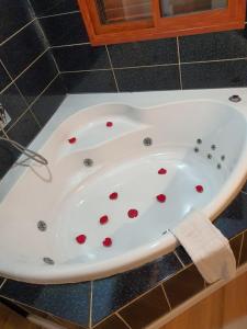 a bath tub with red hearts on it in a bathroom at Orr Halevana in Bruchim Qela' Alon