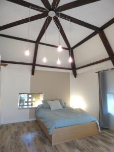 a bedroom with a bed and a ceiling with lights at La tourelle 82 in Saint-Antonin