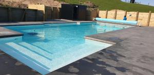a large swimming pool with blue water in a yard at 5 Acres B&B in Tokoroa