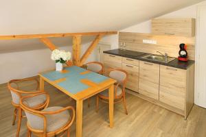 a kitchen with a table with chairs and a sink at Hotel Garni Villa Areka in Český Krumlov