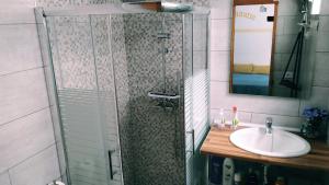 La salle de bains est pourvue d'une douche, d'un lavabo et d'un miroir. dans l'établissement Sunshine & Burrero Beach Vacation, à Playa del Burrero
