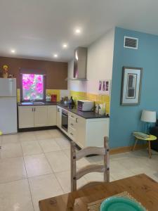 a kitchen with white appliances and a blue wall at The Grape and Olive at Willunga in Willunga