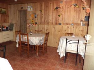 uma sala de jantar com mesa e cadeiras e pássaros na parede em Hostal Emalafquen em Pucón