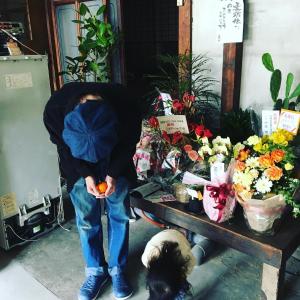 a man holding an orange in front of a table with a dog at Bakushuku Den Guest House Brew in Matsuyama