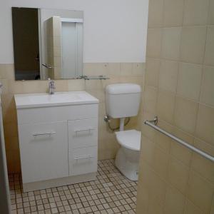 a bathroom with a toilet and a sink and a mirror at Shamrock Hotel Motel Temora in Temora