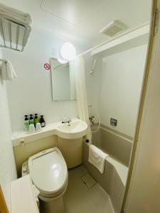 東京にある上野 東金屋ホテルのトイレと洗面台のある小さなバスルーム