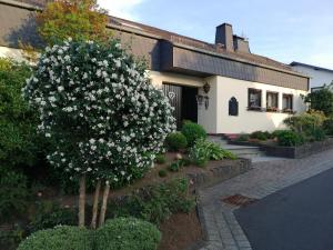 un árbol de flores blanco frente a un edificio en Ferienwohnungen Blum, en Kelberg