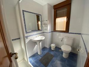 a bathroom with a toilet and a sink and a mirror at Hostal El Horno in Molinaseca +32 photos