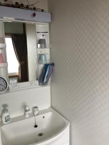 uma casa de banho com um lavatório e um espelho em ゲストハウス蘖 -ひこばえ em Kitakami