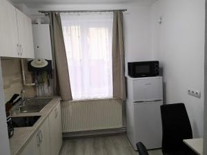 a small kitchen with a white refrigerator and a window at Cosy Elegant Apartment in Cehu Silvaniei