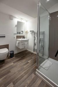 La salle de bains est pourvue d'une douche, de toilettes et d'un lavabo. dans l'établissement Balkes Morhoff, à Petershagen