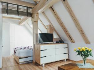 1 dormitorio con 1 cama y vestidor con TV en Über den Dächern der historischen Altstadt, en Angermünde