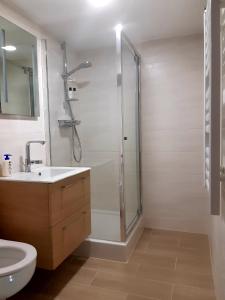 een badkamer met een douche, een wastafel en een toilet bij STUDIOS La Varenne Saint Maur entre PARIS ET DISNEYLAND in Saint-Maur-des-Fossés