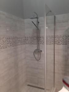 La salle de bains est pourvue d'une douche avec une porte en verre. dans l'établissement ANKER SILVER DREAM, à Kaposvár