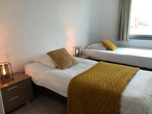 een kamer met 2 bedden en een raam met 2 lampen bij Apartment Fruithof Tack in Sint-Gillis-Waas
