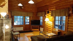 a living room with a couch and a television at Kallioranta Cottage in Ruokolahti