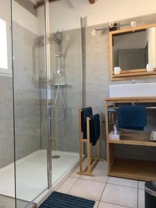 uma casa de banho com um chuveiro e um lavatório. em Gîte les Cyprès (Bastide Sainte Agnès) em Carpentras