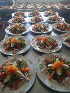 una fila de platos de comida en una mesa en Hotel Restaurant Le Traineau, en Clelles