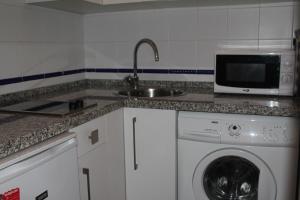 cocina con fregadero y lavadora en Apartamentos Peregrinos, en El Rocío