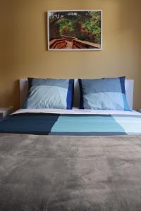 uma cama com almofadas azuis e uma fotografia na parede em Arouca Guest House em Arouca