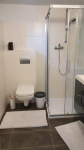 a bathroom with a toilet and a glass shower at Ferienhaus Deubetal Nr.10 in Stadtilm +3 photos