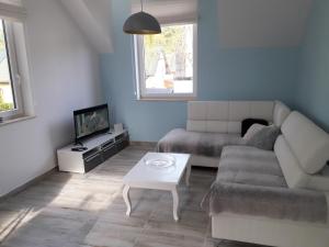 a living room with a couch and a tv at Sea Suite Garden & Pines in Łukęcin