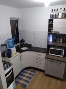 uma pequena cozinha com um lavatório e um micro-ondas em Minha casa é sua casa em Curitiba