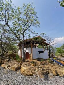 una pequeña casa con un árbol y un edificio en NOMAD Hostal - Barichara, en Barichara