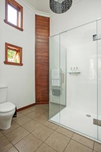 a bathroom with a toilet and a glass shower stall at Pepper Tree Villa in Masterton