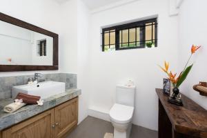 a bathroom with a sink and a toilet and a mirror at Happy Days Guest House in Le Morne