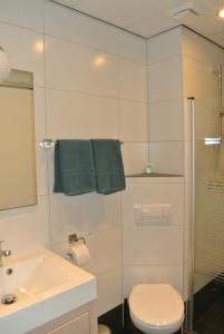 e bagno con servizi igienici, lavandino e doccia. di Bed&Breakfast aan Strand a Katwijk aan Zee