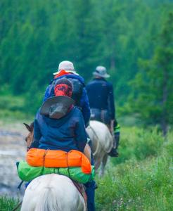 two people are riding horses down a trail at LG53 Tour & Hostel in Ulaanbaatar