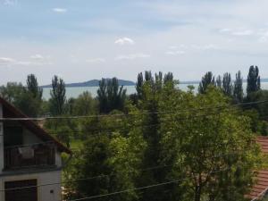 a view of the water and trees from a house at BalatUniversum Apartmanhouse in Révfülöp