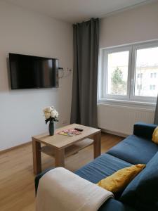 ein Wohnzimmer mit einem blauen Sofa und einem Tisch in der Unterkunft Apartmán Frymburk-Lipno G10 in Frymburk