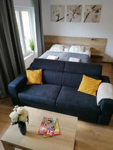 ein blaues Sofa im Wohnzimmer mit einem Bett in der Unterkunft Apartmán Frymburk-Lipno G10 in Frymburk