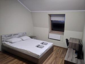 Schlafzimmer mit einem Bett, einem Fenster und einem TV in der Unterkunft Budget Hotel Ekotel in Lwiw