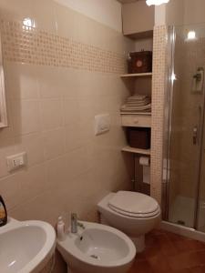 La salle de bains est pourvue de toilettes, d'un lavabo et d'une douche. dans l'établissement Agula Relais appartamento, à Pugnano