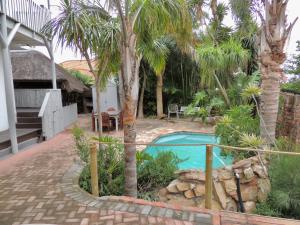 a backyard with a swimming pool and palm trees at La Mer Guesthouse in Port Elizabeth