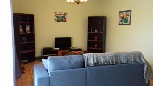 ein Wohnzimmer mit einem blauen Sofa und einem Fernseher in der Unterkunft Apartamento Arrifes in Porto Santo