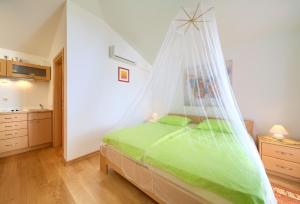 ein Schlafzimmer mit einem Bett mit Moskitonetz in der Unterkunft Apartment Vjeko in Vantačići