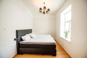 Schlafzimmer mit einem Bett, einem Fenster und einem Kronleuchter in der Unterkunft Lossi 32 Lux Apartment in Tartu