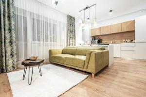 a living room with a couch and a kitchen at Briana Luxury Sky View Studio in Cluj-Napoca