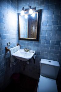 a bathroom with a sink and a toilet and a mirror at Casa La Escondida in Duruelo