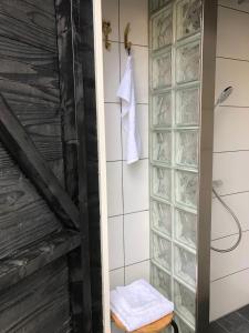 uma casa de banho com um armário de vidro e uma toalha em Boot & Breakfast - slapen op het water em Enkhuizen