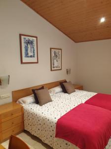 a bedroom with a large bed with a red blanket at Hostal El Forn in Beget
