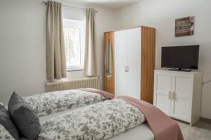 1 dormitorio con 1 cama y TV en un armario en Grundlwald Ferienwohnungen, en Bad Aussee