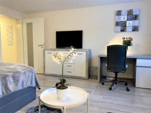 a room with a bed and a desk and a chair at Alice Apartment Wackernheim in Ingelheim am Rhein